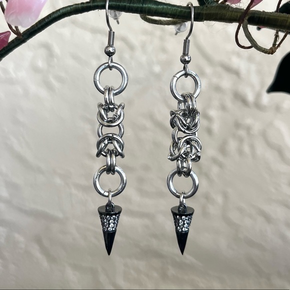 Handmade maille cz black spike dangly stainless steel earrings boho goth silver - Picture 5 of 11